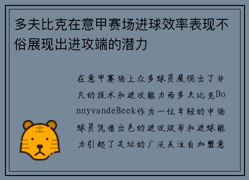 多夫比克在意甲赛场进球效率表现不俗展现出进攻端的潜力
