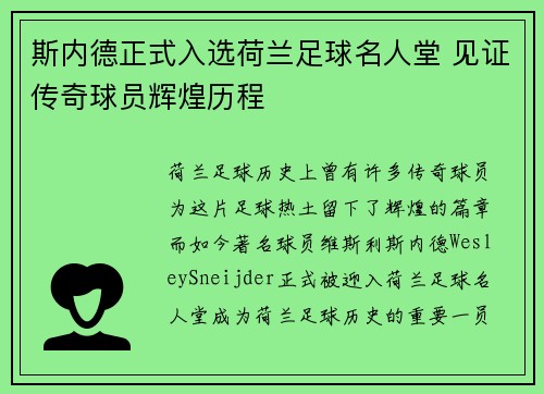 斯内德正式入选荷兰足球名人堂 见证传奇球员辉煌历程